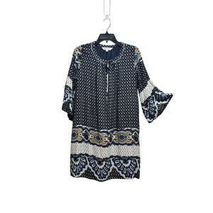 Davi & Dani Navy Blue White Gold Paisley Print Bell Sleeve Womens Dress‎